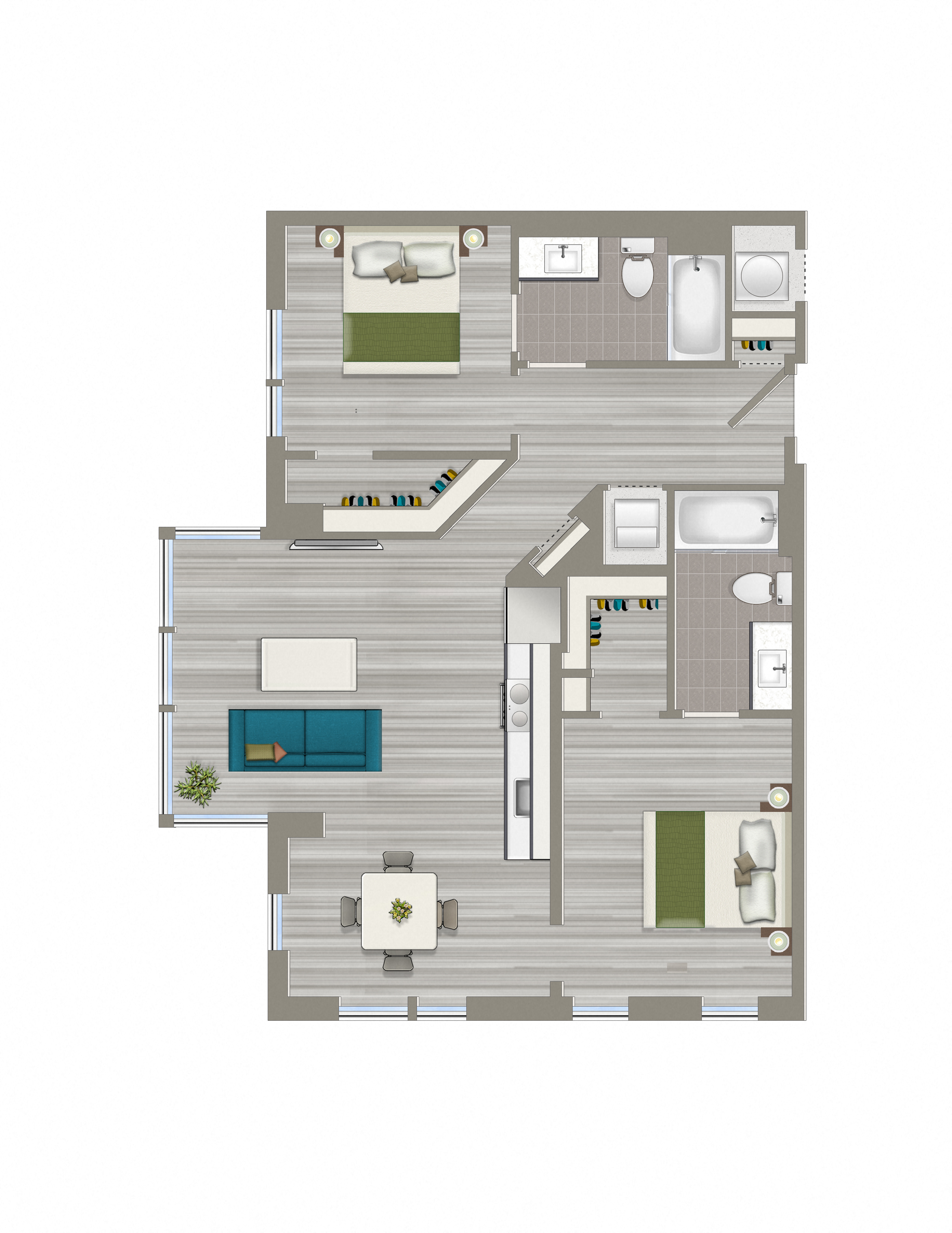 Floor plan for 2 beds, 2 baths, 969 sqft